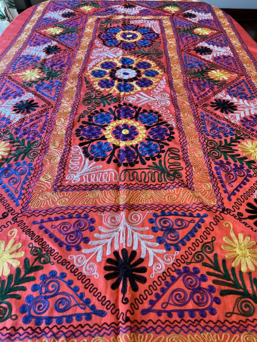 1973 Vintage Samarkand Suzani NWT Atlas Silk Emboidered Textile Wall Hanging